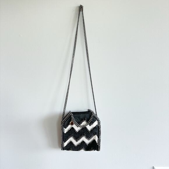 Stella McCartney Embellished Chevron Falabella Crossbody Bag Black White - Picture 4 of 8